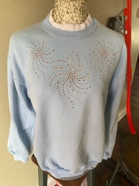 Vintage 90s Granny Core Light Blue Rhinestone Swirl Crewneck Sweater